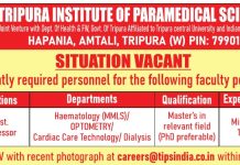 Tripura Institute of Paramedical Sciences, Tripura wanted Assistant Professor