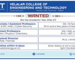 Velalar College Of Engineering And Technology, Erode Wanted Assistant Professor / Associate Professor / Professor