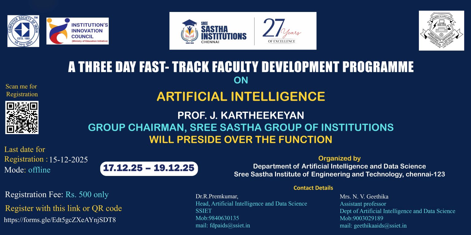 3-Day Fast Track FDP on Artificial Intelligence and Machine learning ...