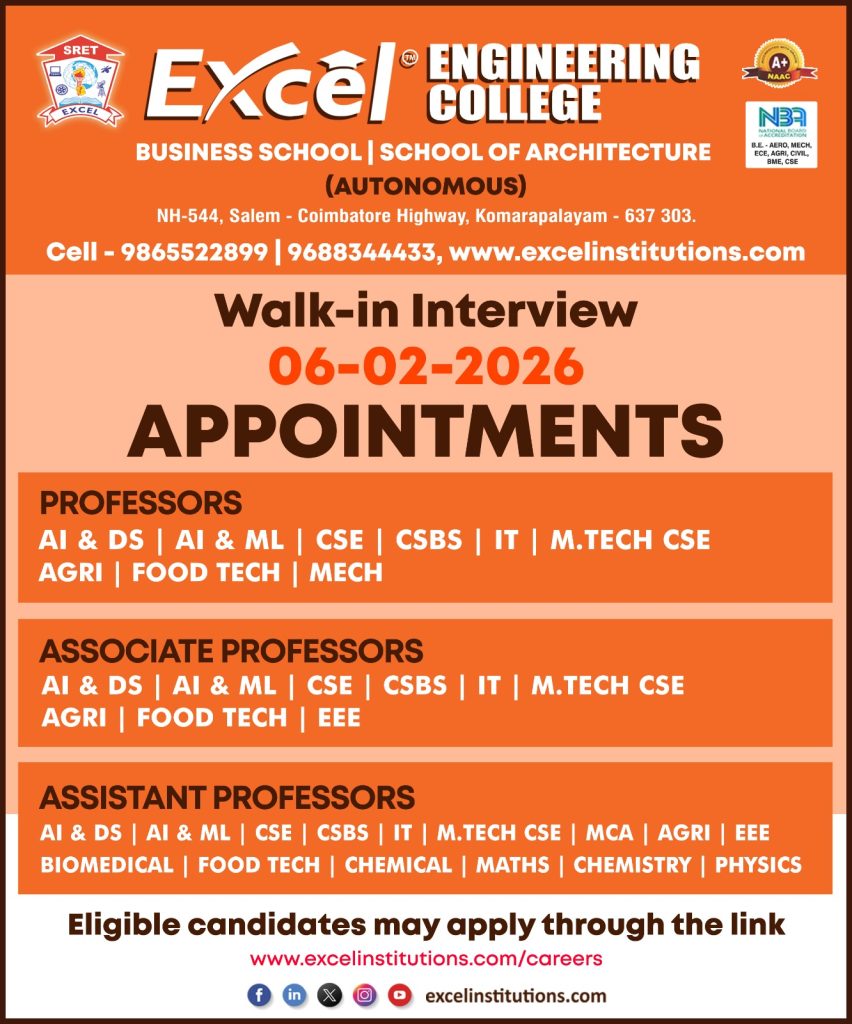 Excel Institutions, Komarapalayam Wanted Faculty for Engineering and ...
