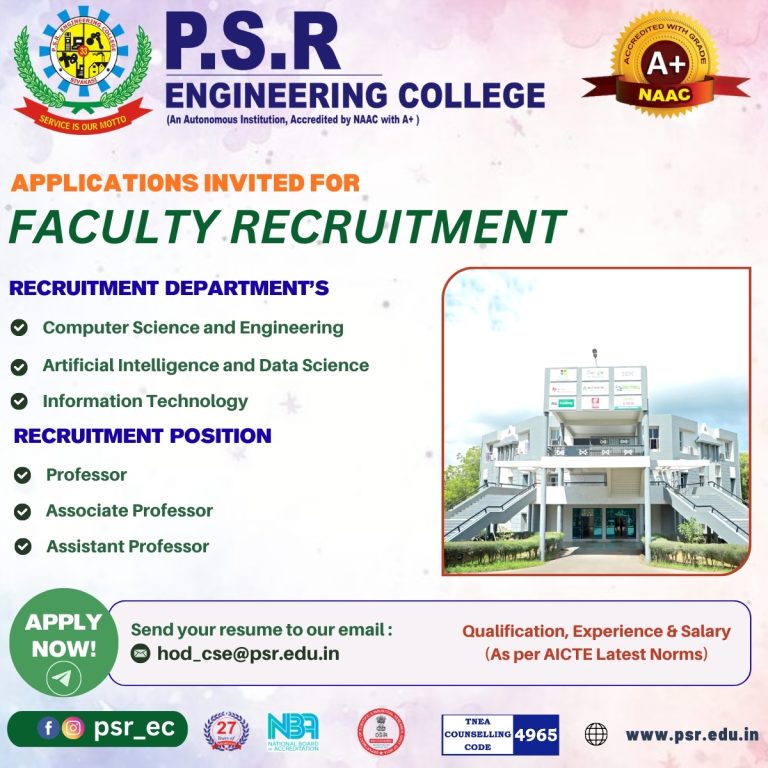 P.S.R College Engineering College, Sivakasi – Faculty Recruitment 2025 ...
