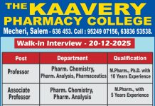 Teaching Jobs at The Kavery Pharmacy College, Salem