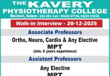 The Kavery Physiotherapy College, Salem Wanted Assistant/Associate Professor, Tutor and Clinical Instructor