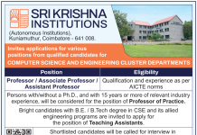 Sri Krishna Institutions, Coimbatore, Tamilnadu wanted Professor / Associate Professor / Assistant Professor