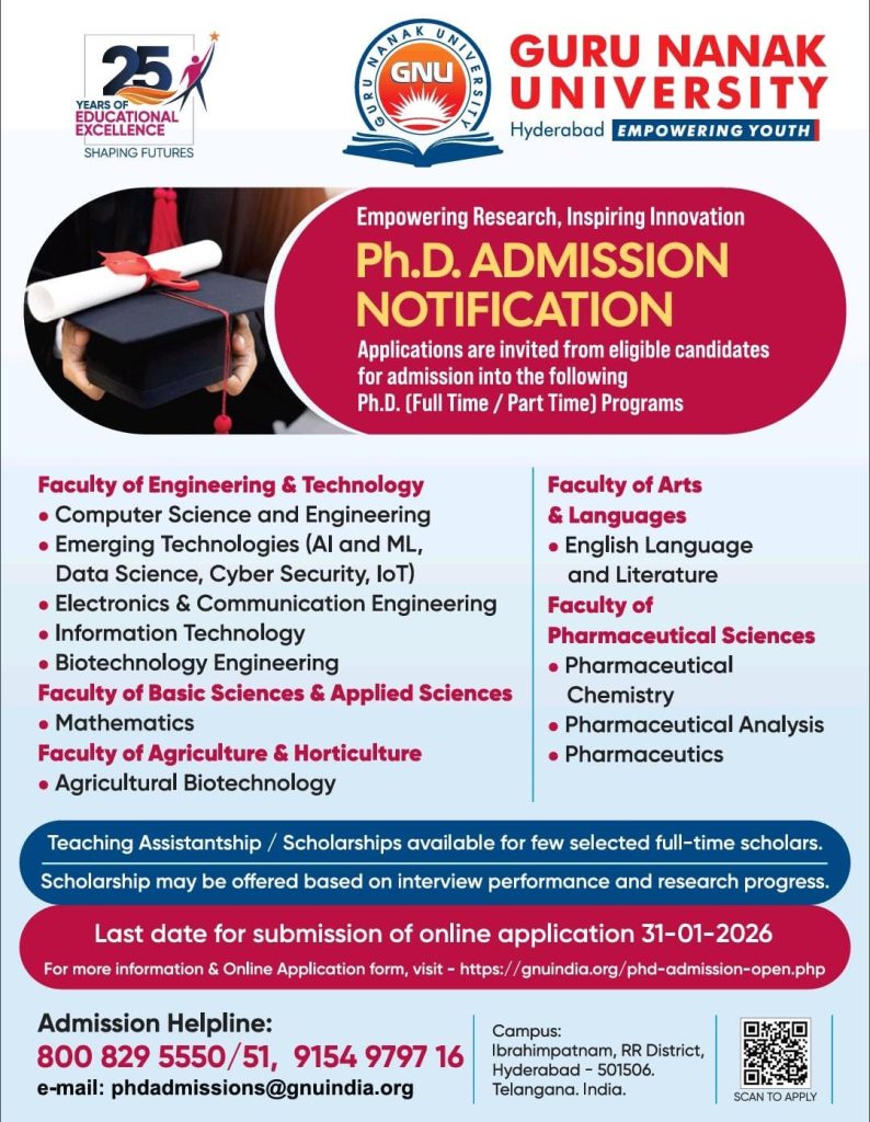 Ph.D Admissions 2026 – Guru Nanak University, Hyderabad | FacultyPlus