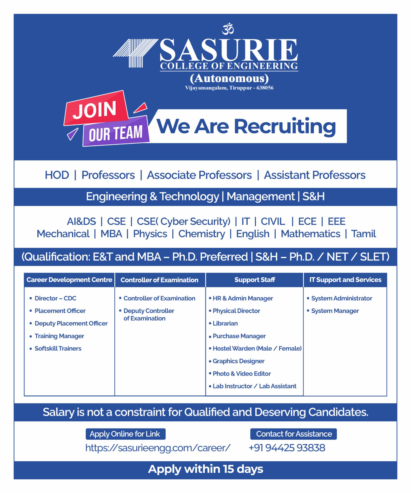 Sasurie College of Engineering (Autonomous), Coimbatore wanted Teaching ...