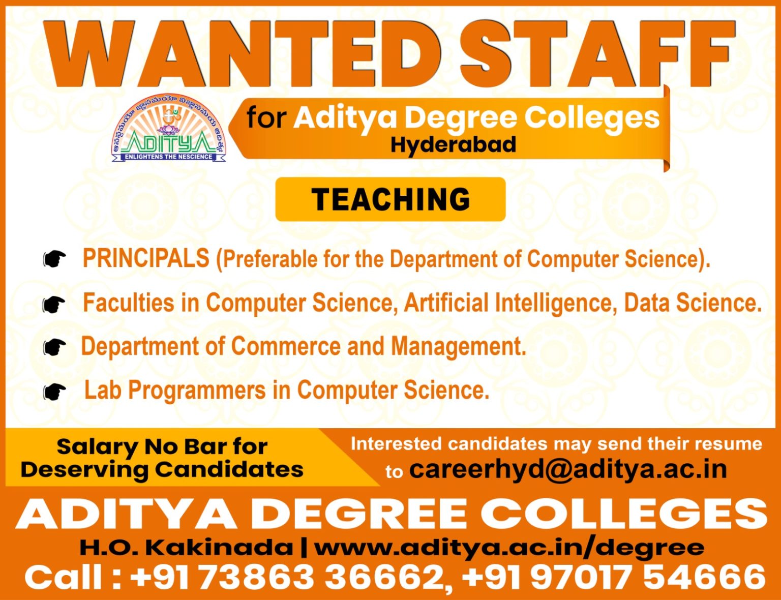 Aditya Degree Colleges, Hyderabad Wanted Teaching Faculty | FacultyPlus