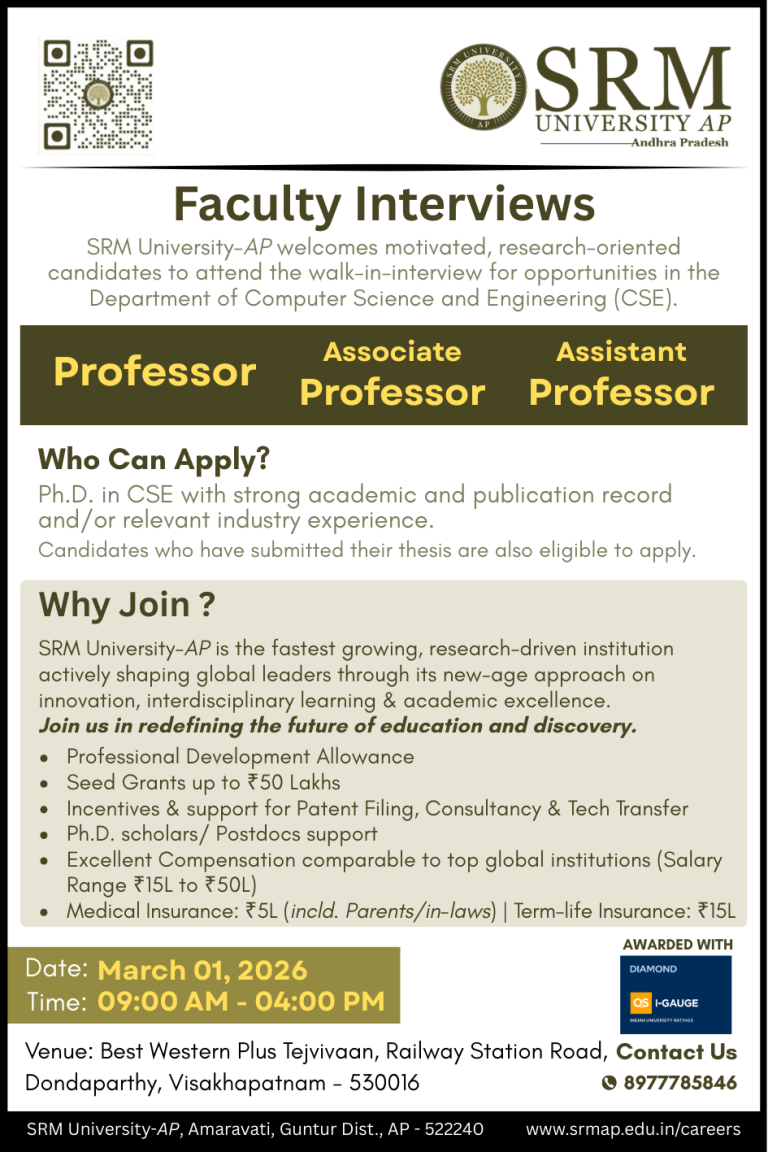 SRM University, Andhra Pradesh wanted Professor/Associate Professor ...