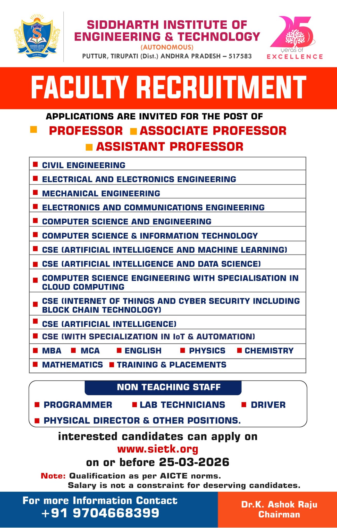 Faculty Recruitment 2026 at Siddharth Institute of Engineering ...