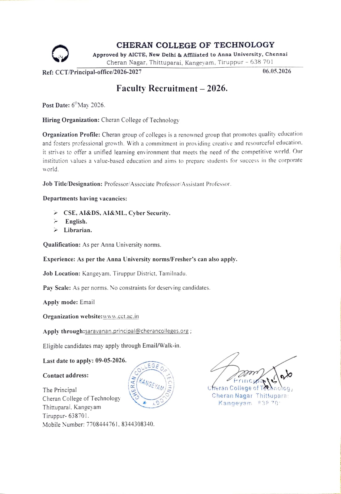 CCT Faculty Recruitment Notification 2026 | FacultyPlus