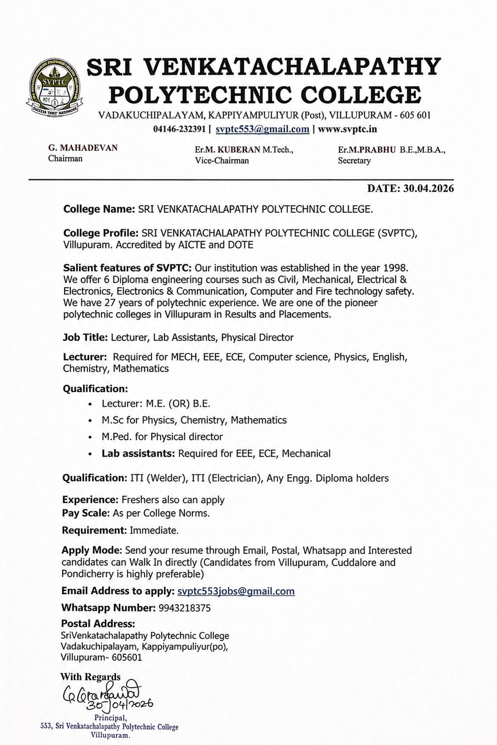 SRI VENKATACHALAPATHY POLYTECHNIC COLLEGE | FacultyPlus