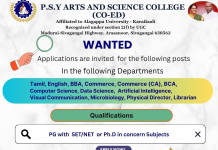P.S.Y. Arts and Science College, Arasanoor Wanted Professor/Associate Professor/Assistant Professor