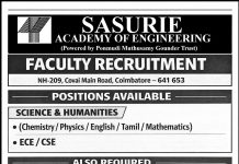 Faculty Positions at Sasurie Academy of Engineering, Coimbatore