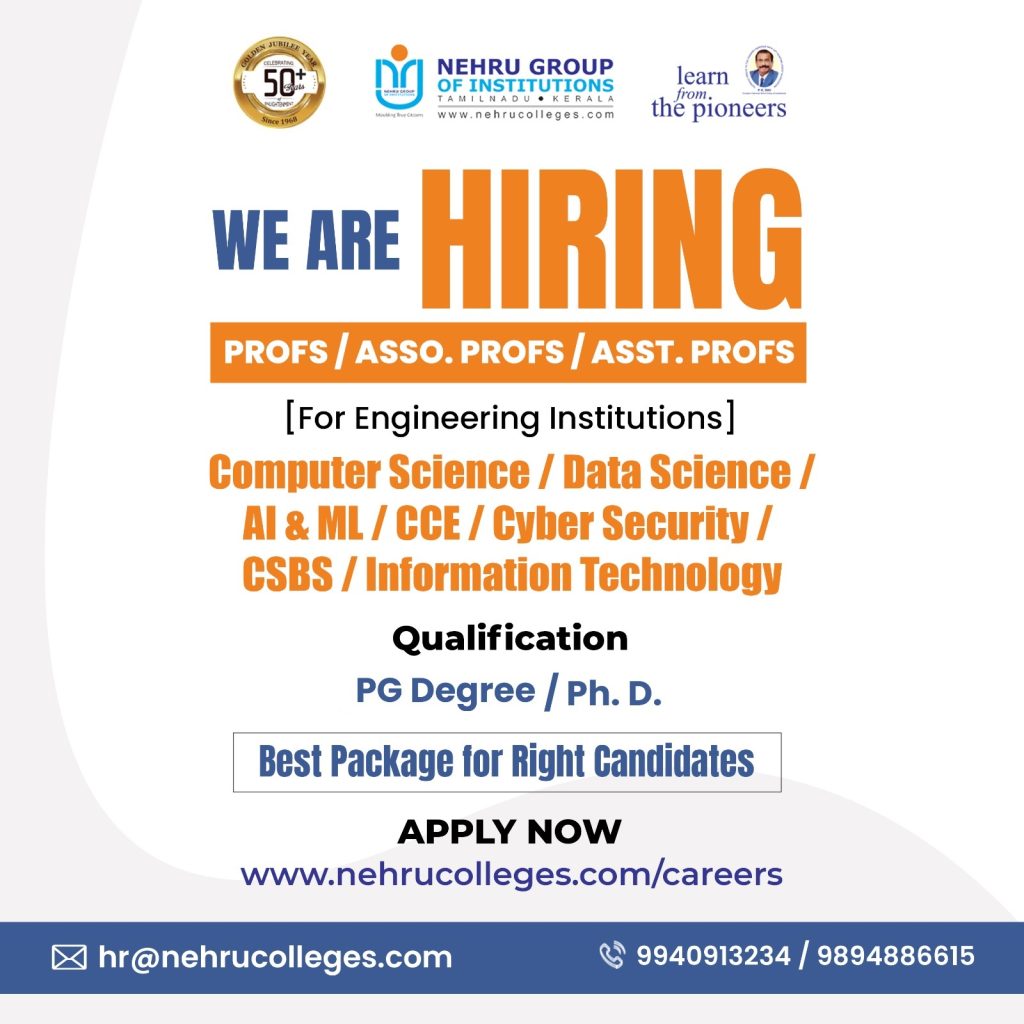Faculty Jobs at Nehru Group of Institutions, Coimbatore | FacultyPlus
