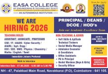 Faculty Recruitment & Walk-In Interview 2026 at EASA College of Engineering and Technology, Coimbatore