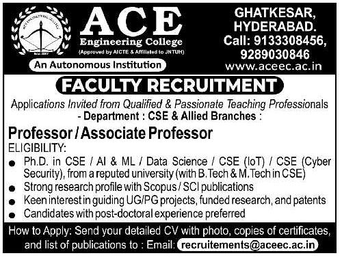 Teaching Recruitment at ACE Engineering College, Hyderabad | FacultyPlus