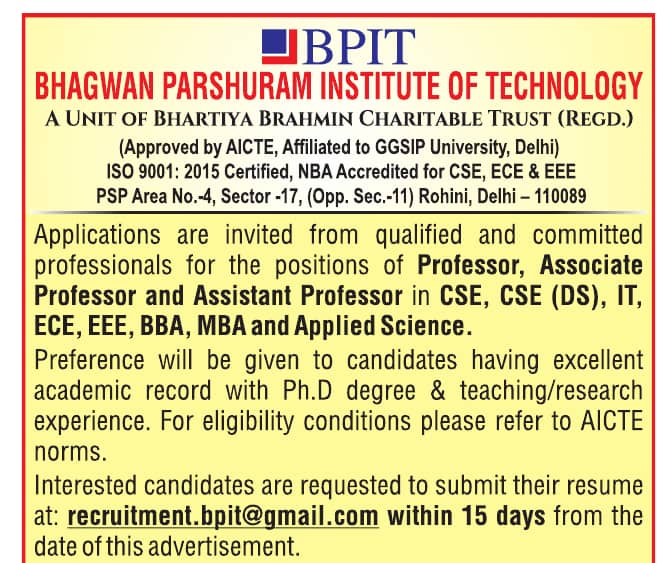 Assistant Professor Recruitment at BPIT, Delhi | FacultyPlus