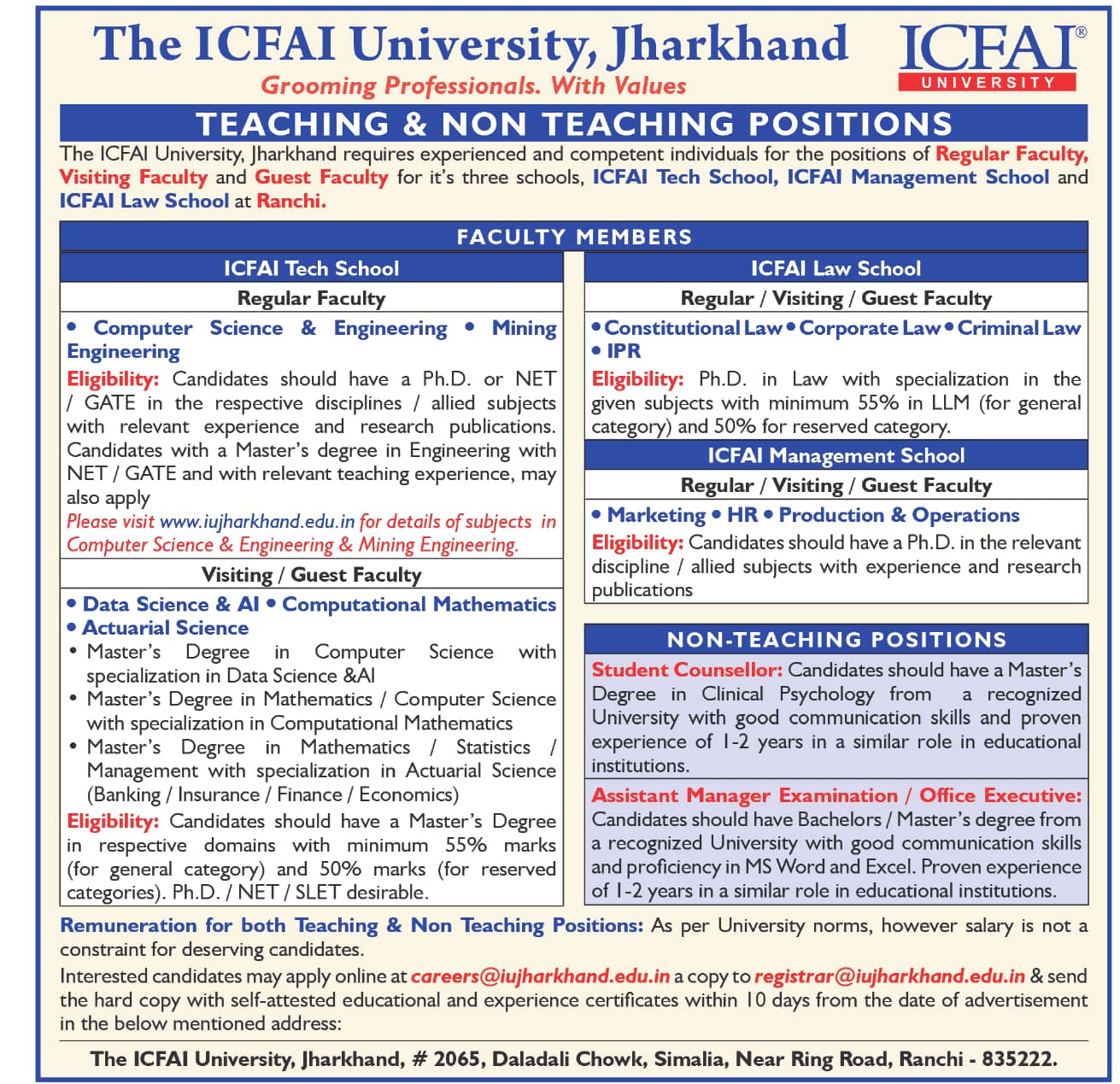 Faculty Recruitment at ICFAI University Jharkhand, Ranchi | Faculty Plus