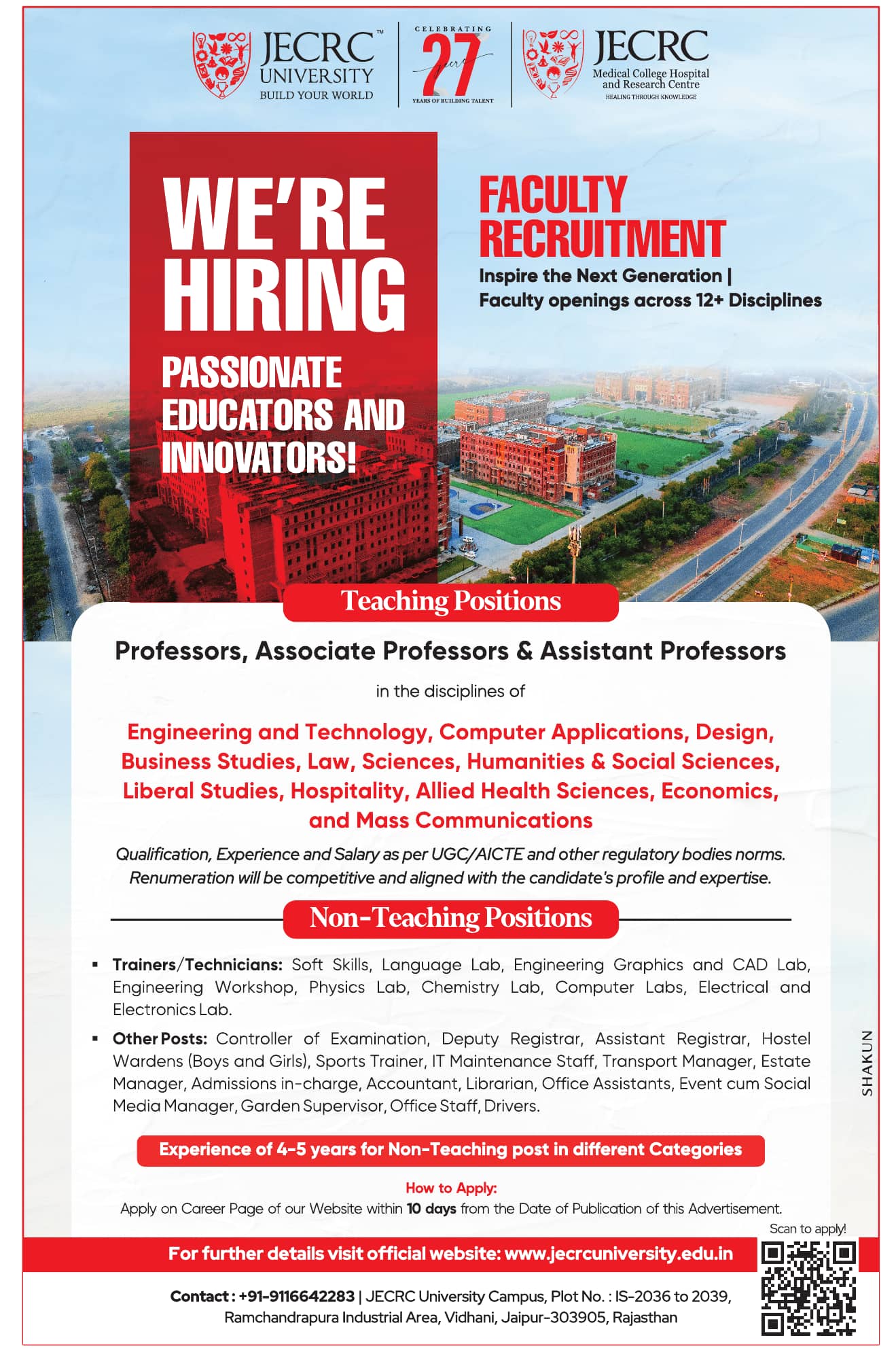 Faculty Recruitment at JECRC University, Jaipur – Professors, Associate ...