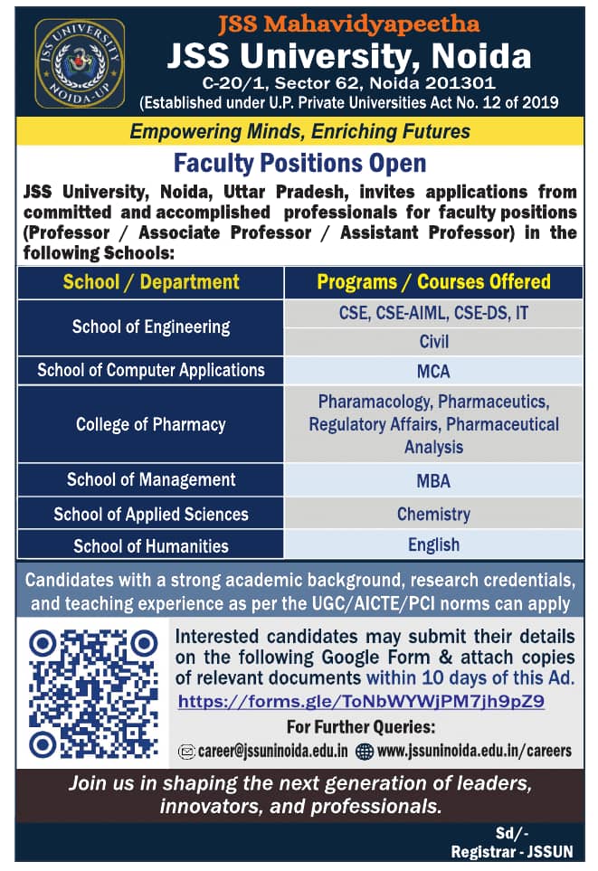 Assistant Professor Recruitment at JSS University, Noida | FacultyPlus