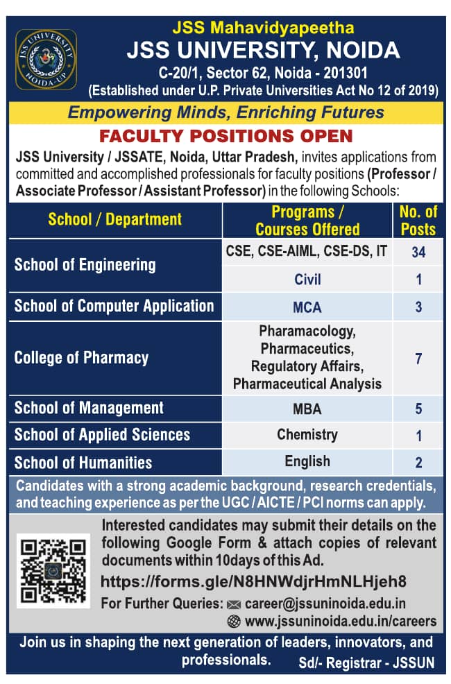 Professor Faculty Recruitment at JSS University, Noida | FacultyPlus