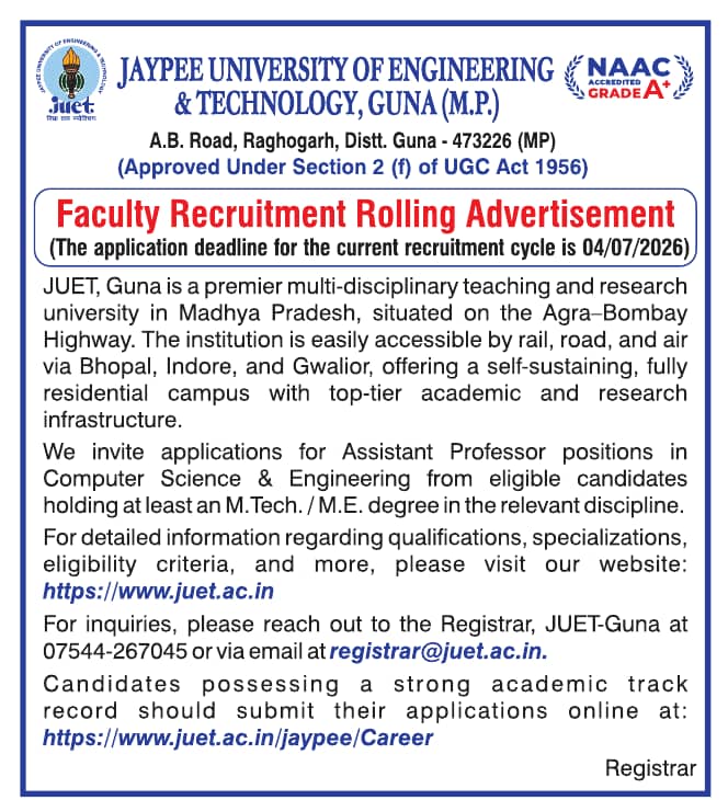Assistant Professor Recruitment at JUET Guna, Madhya Pradesh | FacultyPlus