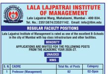 Faculty Recruitment at Lala Lajpatrai Institute of Management, Mumbai