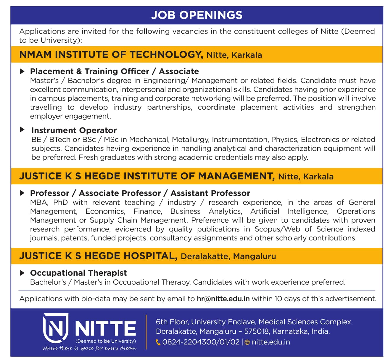 Faculty Recruitment at Nitte Deemed to be University, Karkala and ...