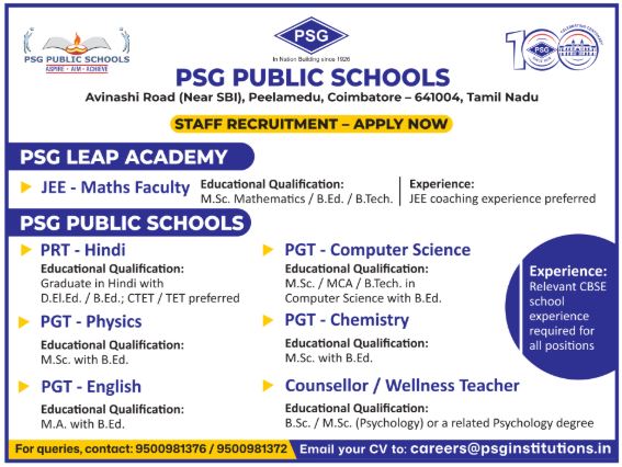 PSG Public Schools Teaching Jobs – Faculty & Staff Recruitment 2026 ...