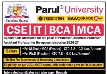 Faculty Recruitment 2026 at Parul University, Vadodara