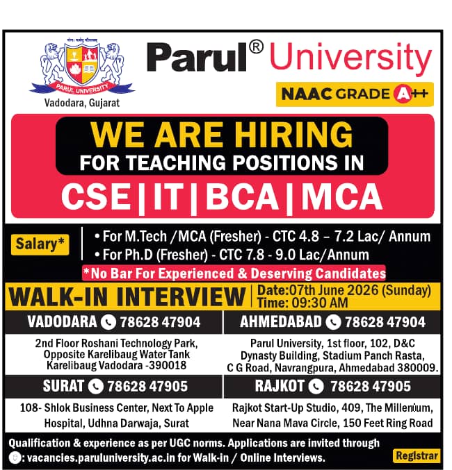 Teaching Faculty Jobs at Parul University, Vadodara | FacultyPlus
