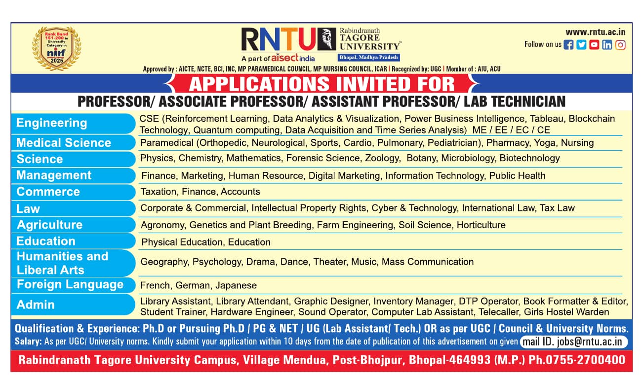 Faculty Recruitment at Rabindranath Tagore University, Bhopal 2026 ...