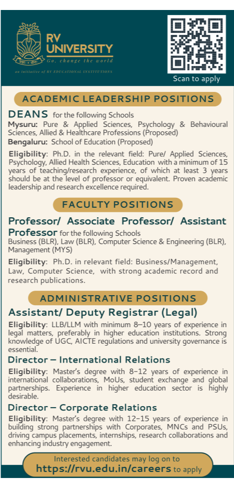 Dean Professor Faculty Jobs at RV University, Mysuru District | FacultyPlus