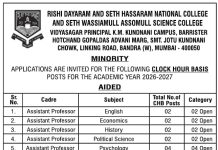Faculty Recruitment 2026 at Rishi Dayaram and Seth Hassaram National College, Mumbai