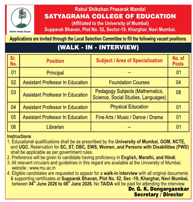 Assistant Professor Recruitment at Satyagraha College of Education ...