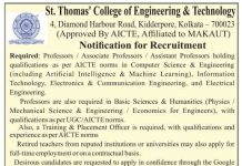 Faculty Recruitment at St. Thomas’ College of Engineering & Technology, Kolkata 2026