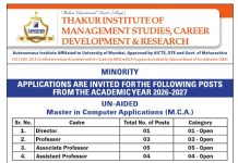 Faculty Recruitment at Thakur Institute of Management Studies, Mumbai