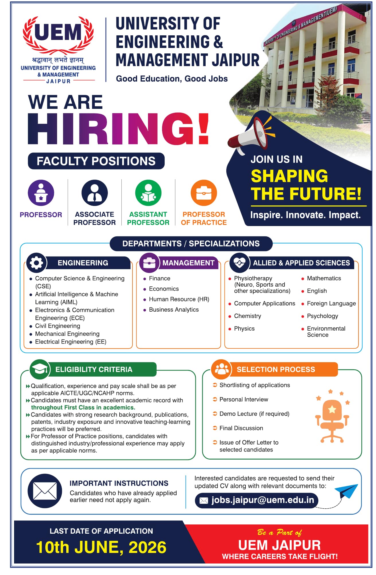 Assistant Professor Recruitment at UEM Jaipur, Jaipur | FacultyPlus