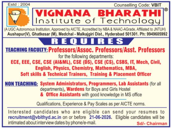 Faculty Recruitment at Vignana Bharathi Institute of Technology ...