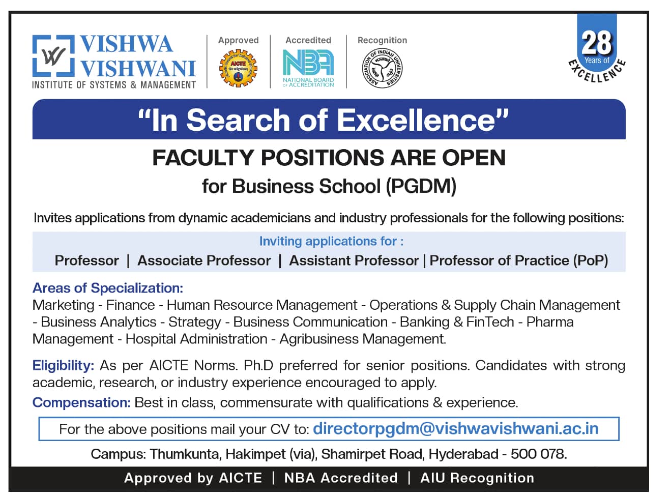 Faculty Recruitment at Vishwa Vishwani Institute, Hyderabad | FacultyPlus