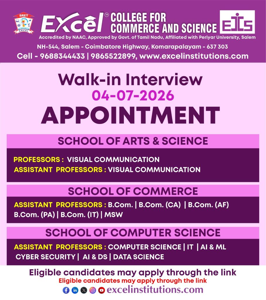 Faculty Walk-in Interview 2026 – Excel Group of Institutions, Salem ...