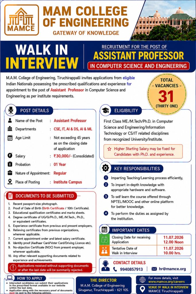 Assistant Professor Recruitment 2026 – MAM College of Engineering ...