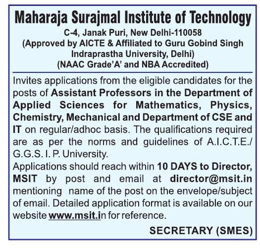 Assistant Professor Recruitment at Maharaja Surajmal Institute of ...