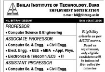 Bhilai Institute of Technology, Durg Faculty Recruitment 2026 – Professor, Associate Professor and Assistant Professor Vacancy