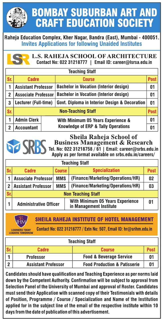 Faculty Recruitment at Sheila Raheja Institute of Hotel Management, Mumbai