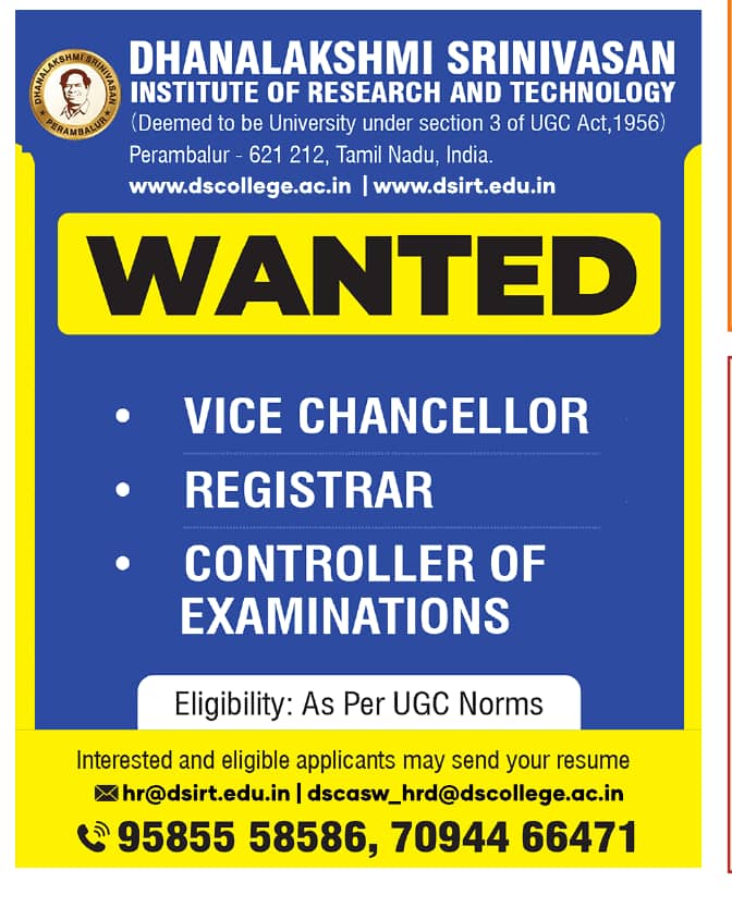 Academic Recruitment at Dhanalakshmi Srinivasan Institute of Research and Technology, Perambalur