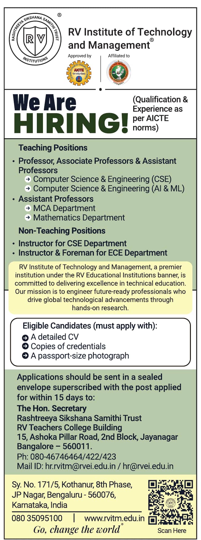 RVITM Bengaluru Faculty Recruitment 2026 – Teaching & Non-Teaching Vacancies