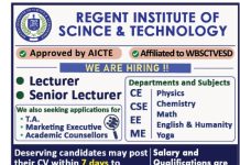 Faculty Recruitment at Regent Institute of Science & Technology Faculty Recruitment at Regent Institute of Science & Technology