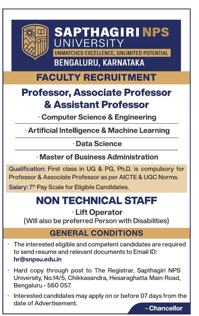 Faculty Recruitment at Sapthagiri NPS University, Bengaluru | FacultyPlus