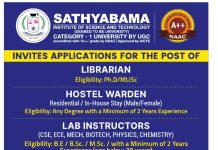 Job Vacancies at Sathyabama Institute of Science and Technology, Chennai 2026 Job Vacancies at Sathyabama Institute of Science and Technology, Chennai 2026